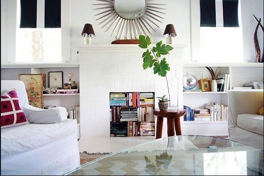 Fireplace with books