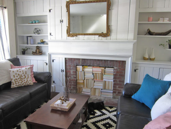 Budget room makeover using only paint and accessories, books in the fireplace, one room challenge, the honeycomb home