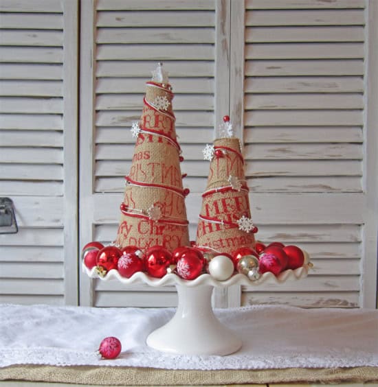 DIY Christmas Tree out of burlap, ribbon, and styrofoam cone