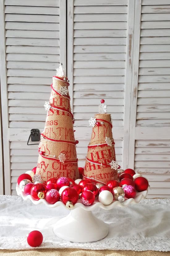 DIY Christmas Tree out of burlap, ribbon, and styrofoam cone