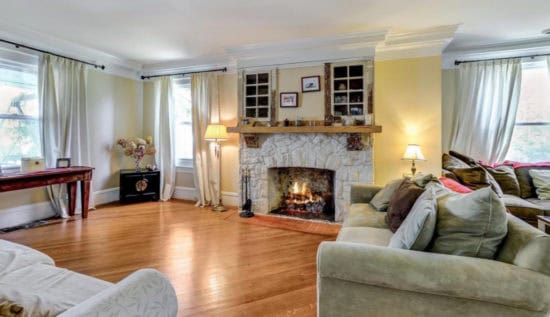 House Tour Living Room with stone fireplace