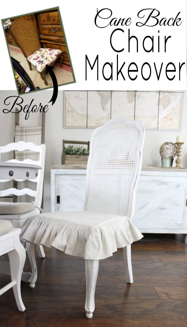 Thrift store chair makeover with ruffled dropcloth cushion. This white chair got a major furniture makeover! #furniture #furnituremakeover #thrifty