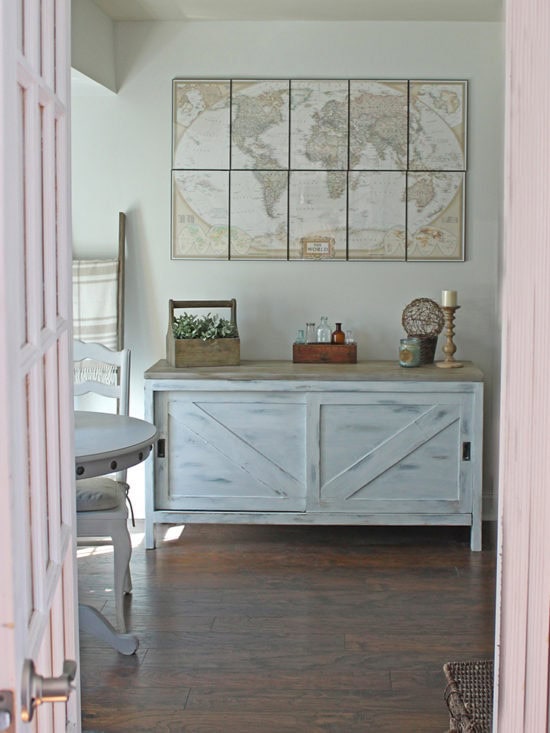 Vintage Sideboard Furniture Makeover Barn Doors Framed Map prints