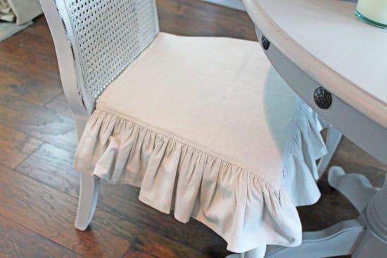 Thrift store cane back chair makeover ruffled dropcloth chair cushion