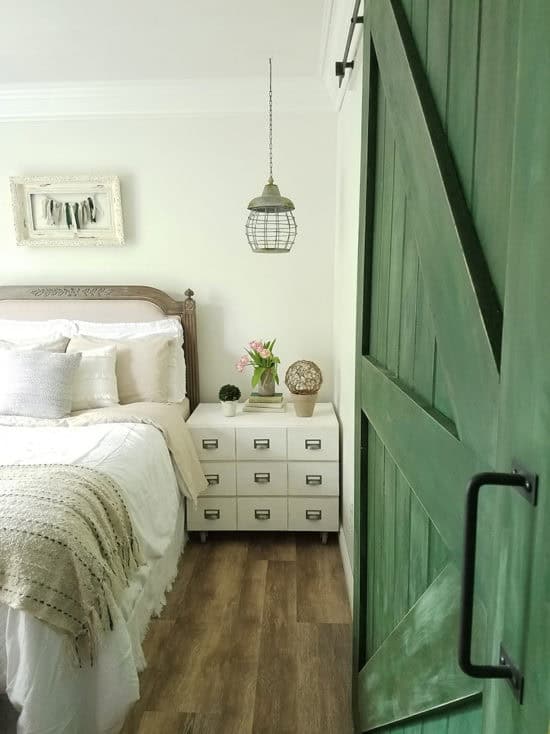 bedroom makeover card catalog nightstands DIY barndoor