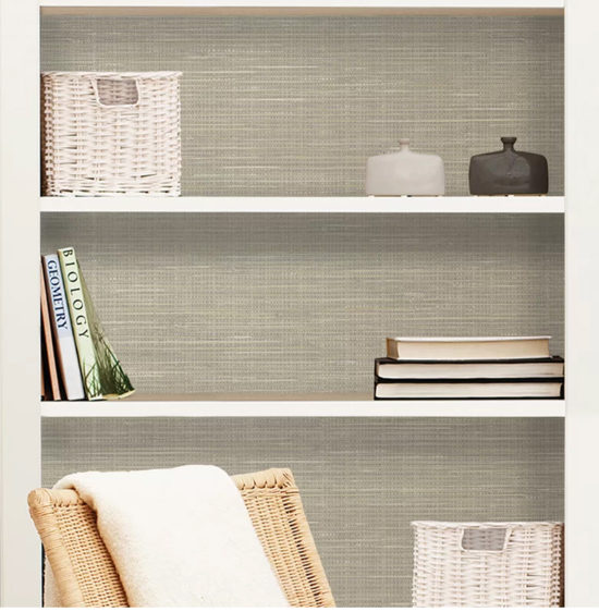 grasscloth peel and stick wallpaper , removable, grasscloth lined shelves