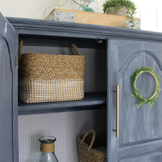 blue painted furniture makeover, lining an armoire with fabric, ticking stripe, fusion mineral paint blue