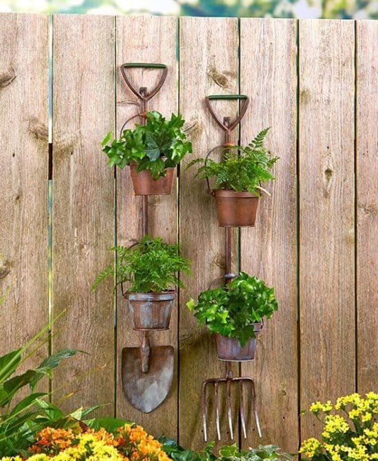 shovel and pitchfork garden planter