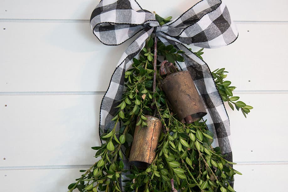 Christmas-Decorations,-how-to-make-a-boxwood-swag-for-your-front-door-with-vintage-bells