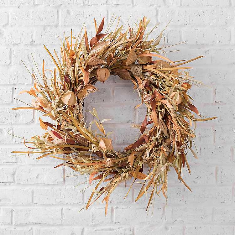 natural fall wreath with wheat and leaves