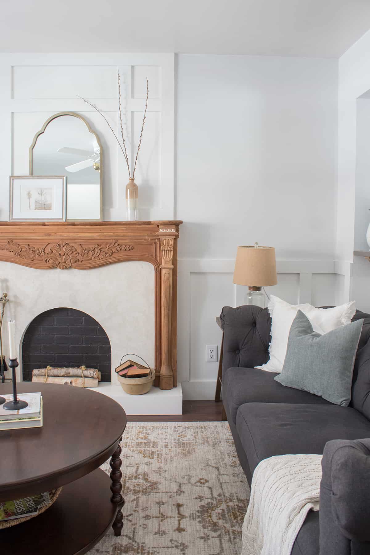 gray chesterfield sofa and mantel design ideas