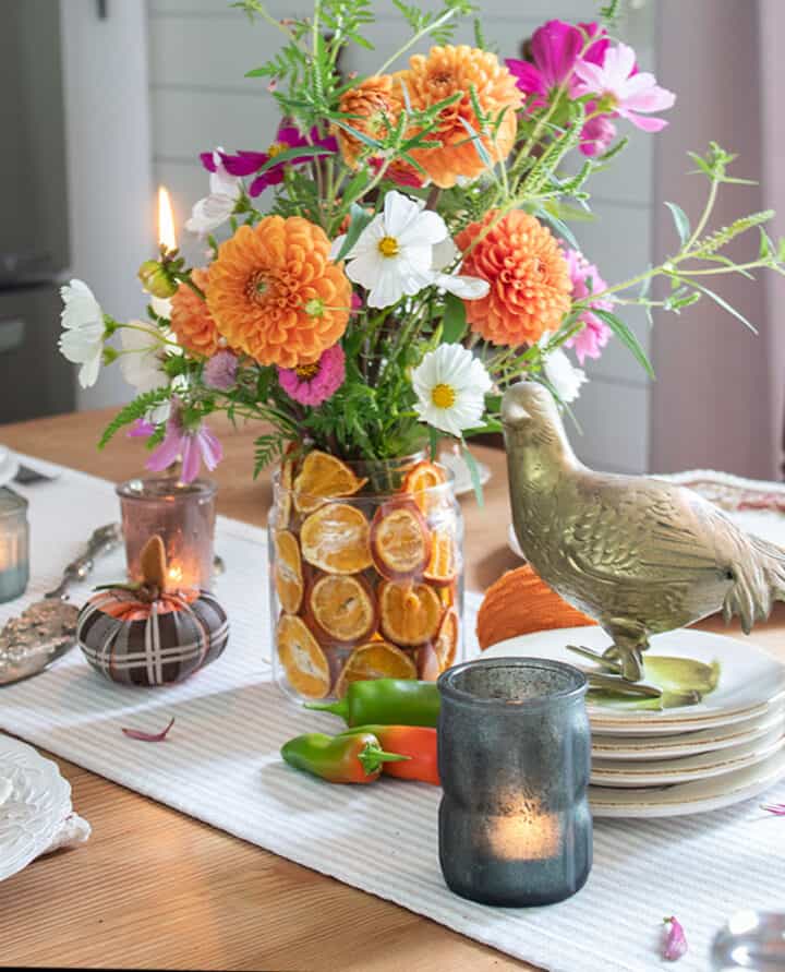 DIY Wooden Slab Centerpieces With Jars and Flowers