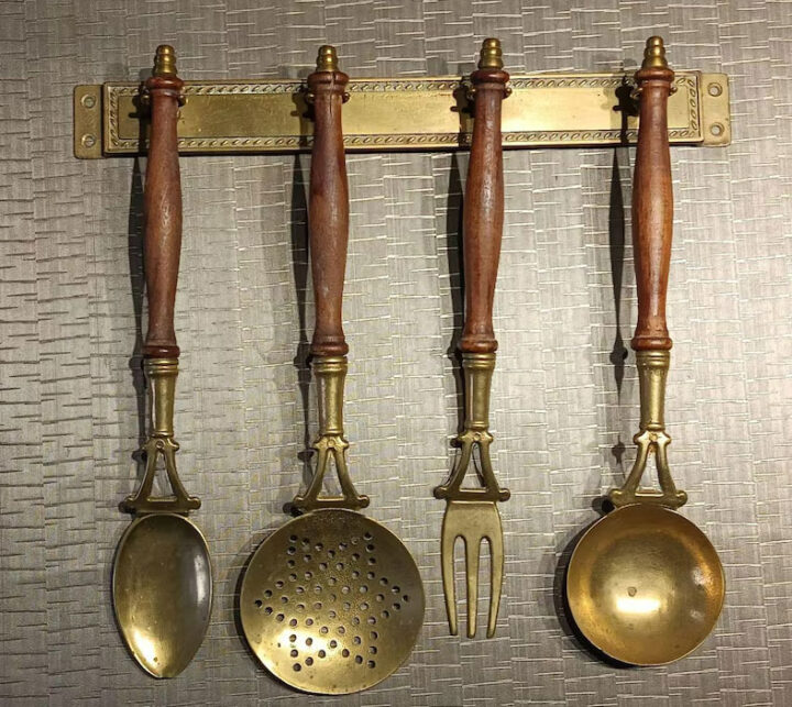 vintage-brass-and-wood-kitchen-utensils-wall-hanging