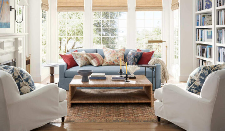 pottery-barn-inspiration-Living-Room-neutral-with-blue-accents - neutral home decor with pop of color
