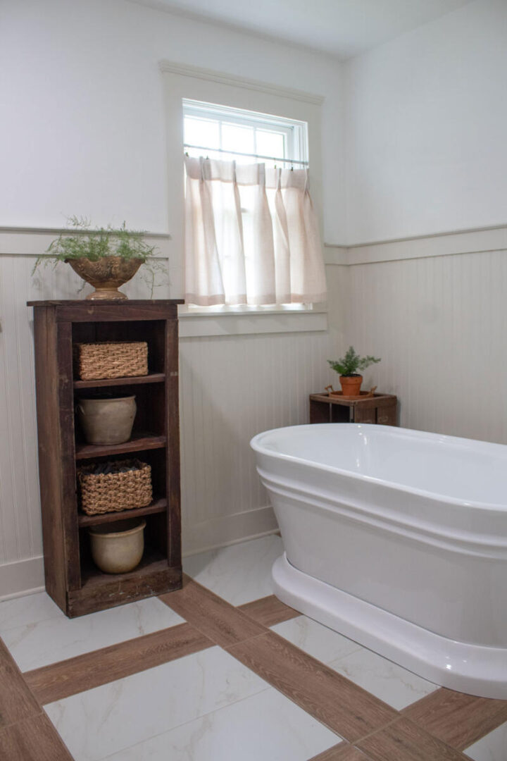 beadboard walls in bathroom and extra storage ideas with shelving
