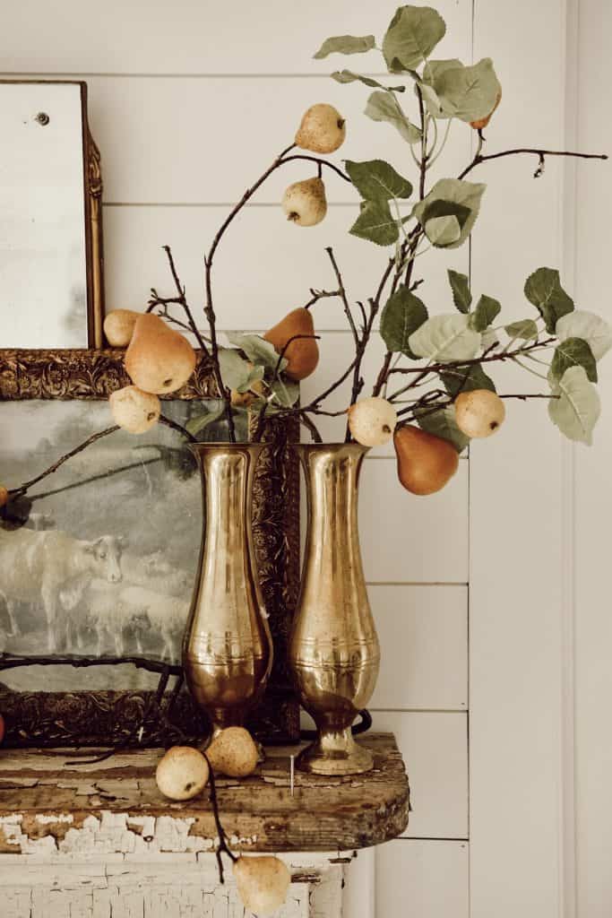 fall decor using pears mantel decor