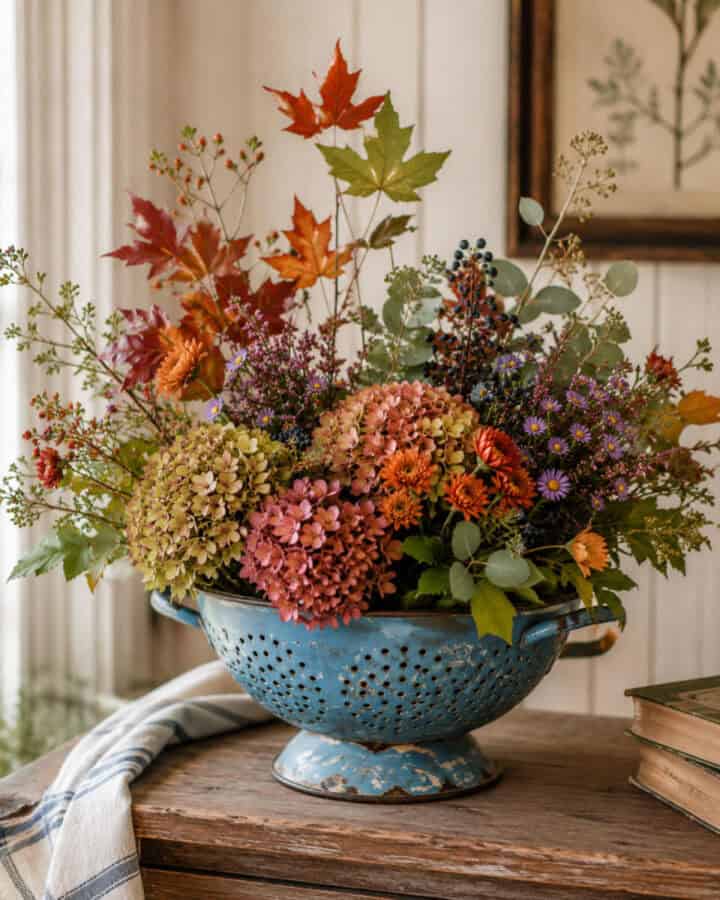 fall-display-in-vintage-vessel-colander