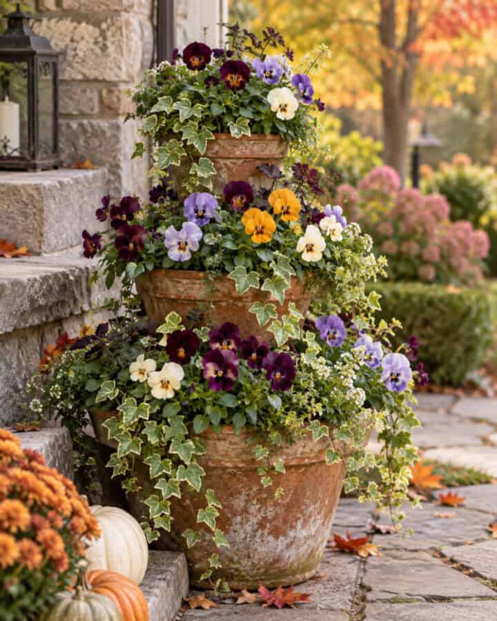 Stacked-tiered-terracotta-pots-with-fall-plants