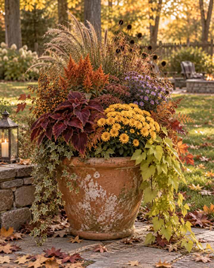 planter with fall flowers and plants
